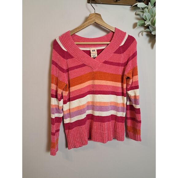 Faded Glory Sweaters - Faded Glory Women's Pink V-neck Striped Sweater Sz M